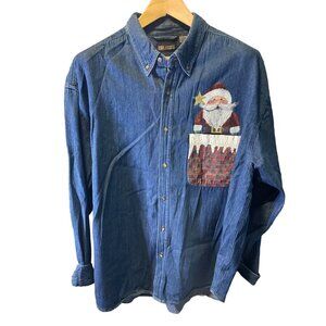 Vintaga 90s Faded Glory Button Down Santa Chimney Denim Top Sz XL